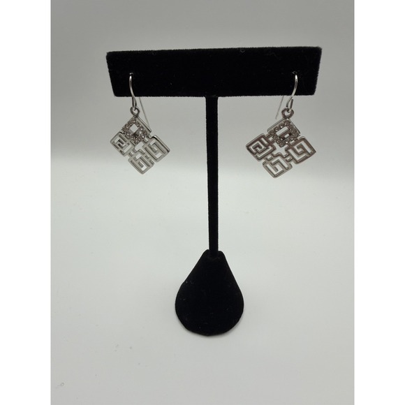 The Unbranded Brand Jewelry - Greek Key French Wire Dangle Earrings Silver Plate And Pave Crystals